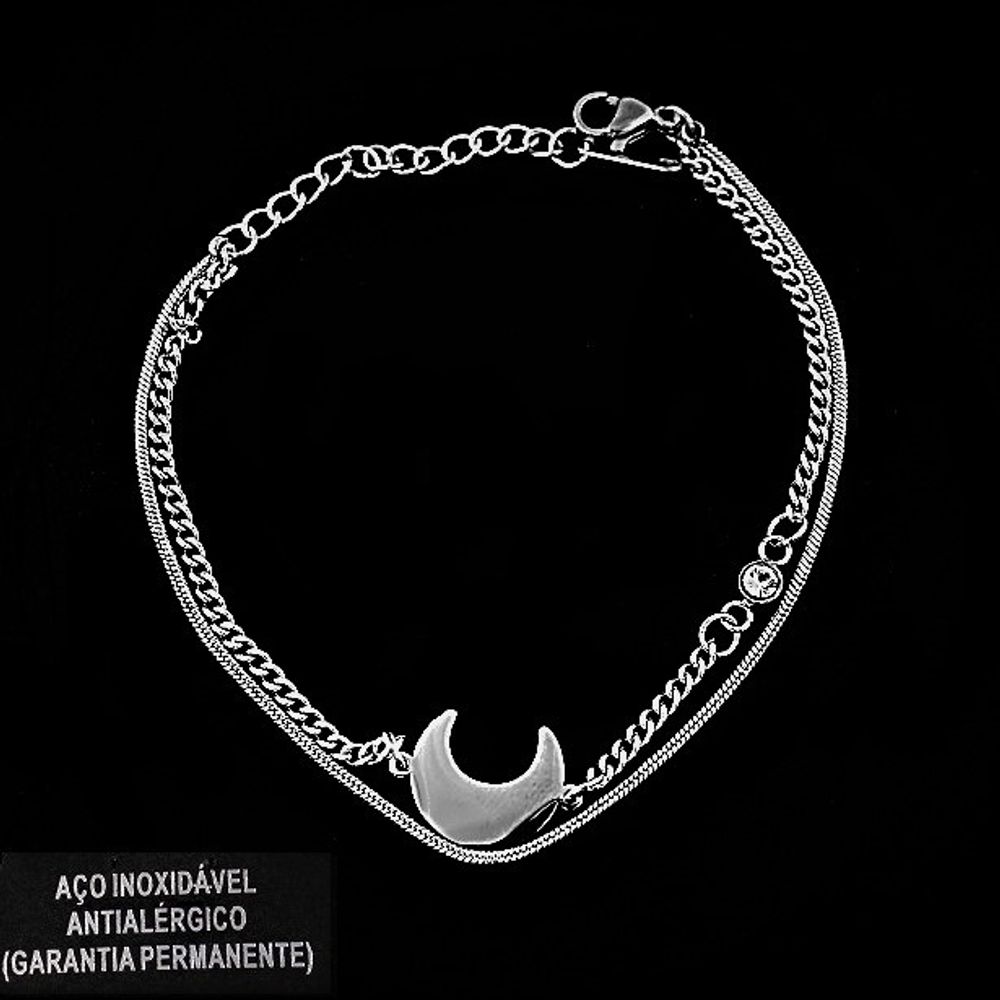 PULSEIRA DUPLA EM AÇO INOX PINGENTES LUA E PONTO DE LUZ- Biju Total -  Bijuterias no Atacado. - bijutotal