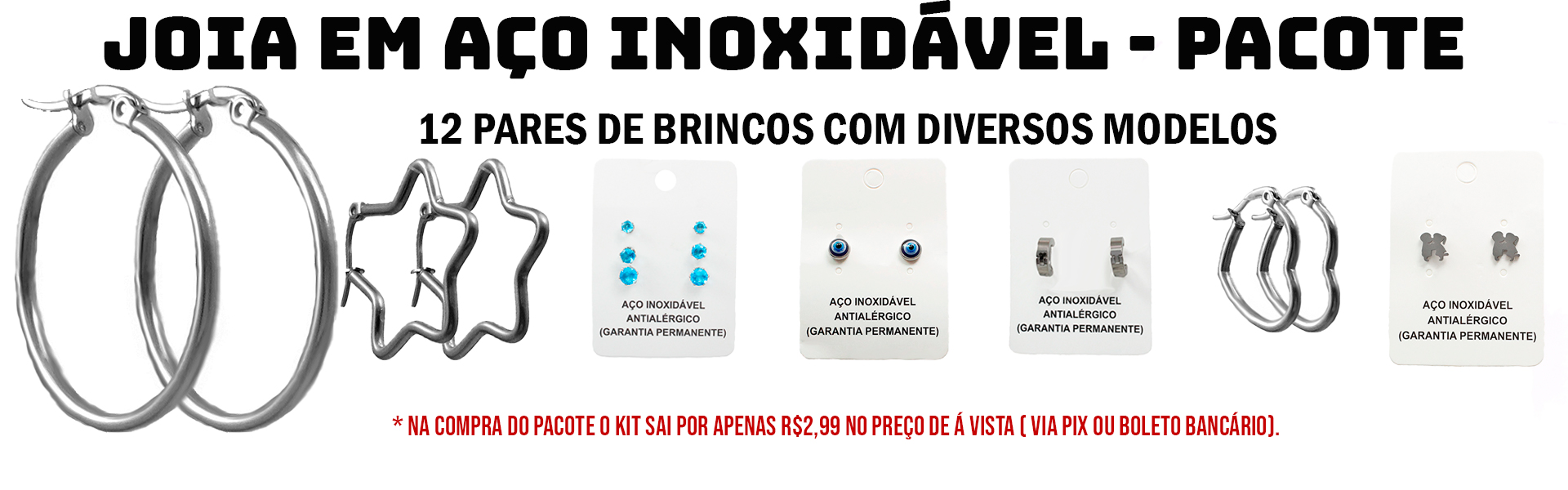 JOIA EM AÇO INOXIDÁVEL - CARTELA COM 3 PARES DE BRINCOS DE PÉROLAS-  BIJUTOTAL - BIJUTERIAS NO ATACADO ! - bijutotal